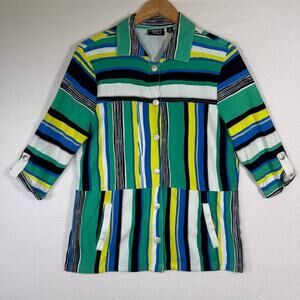Onque Casual Blouse Size Medium Green Stripes 3/4 Sleeves Comfy Retro